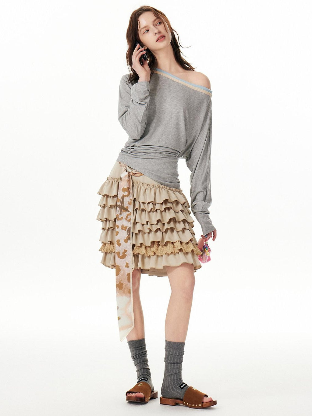 Outthe Blue Asymmetric Slant Neck Cute Slim Artistic Heather Gray Long Sleeve T-Shirts