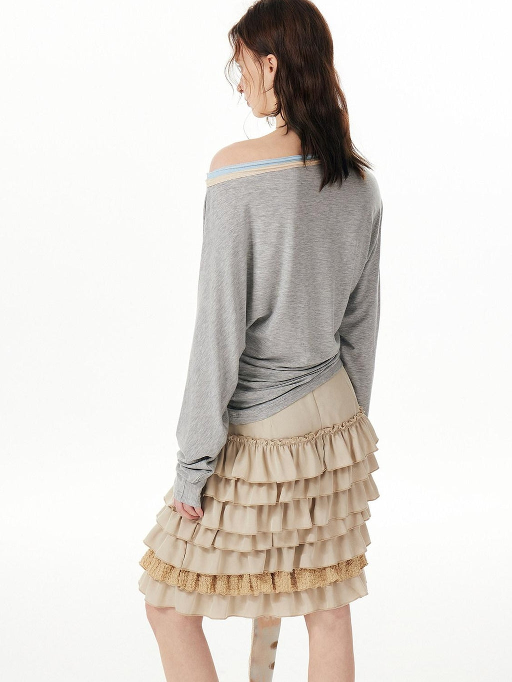 Outthe Blue Asymmetric Slant Neck Cute Slim Artistic Heather Gray Long Sleeve T-Shirts