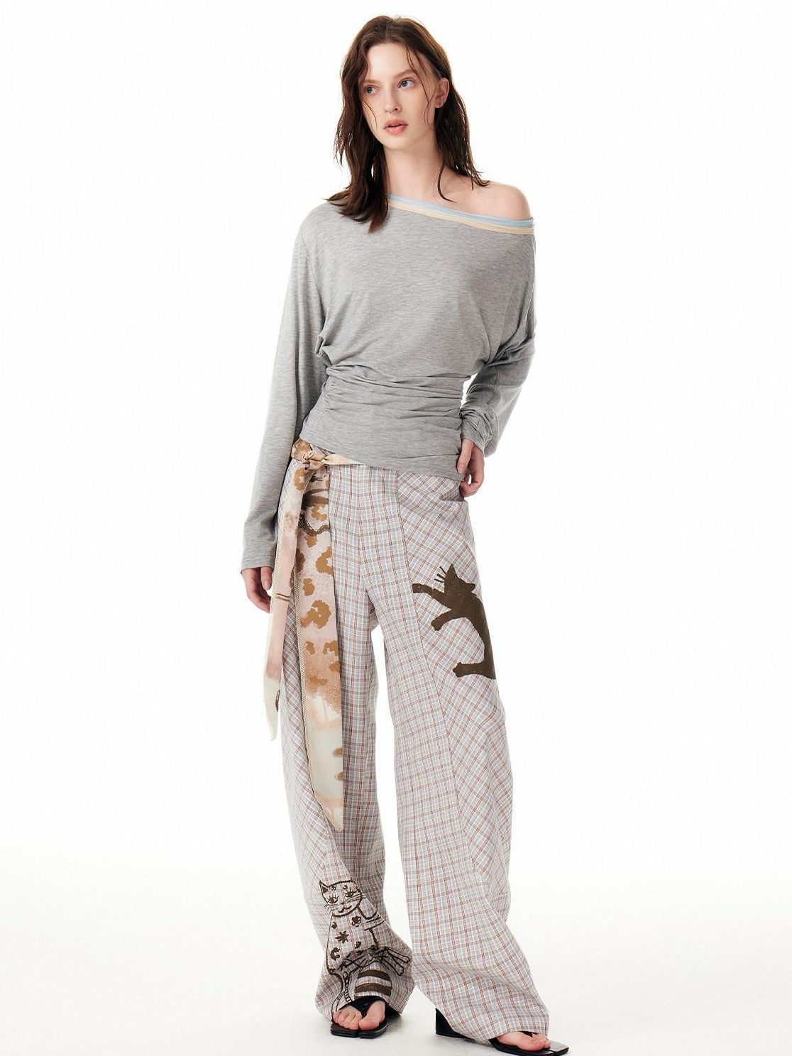 Outthe Blue Asymmetric Slant Neck Cute Slim Artistic Heather Gray Long Sleeve T-Shirts