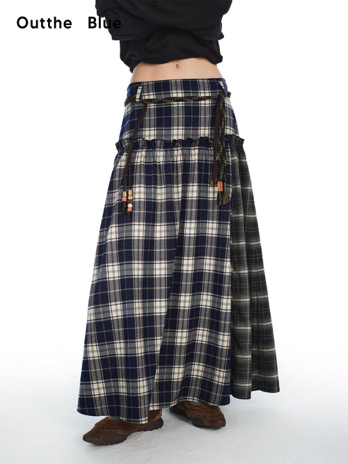 Outthe Blue Belted Plaid A Line Midi Office Chic Polyester Stretch Blue Black Maxi Skirts