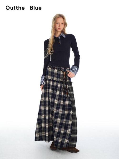 Outthe Blue Belted Plaid A Line Midi Office Chic Polyester Stretch Blue Black Maxi Skirts