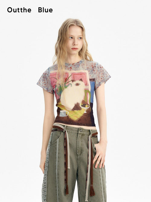 Outthe Blue Breathable Vintage Printed Slim Crop Crewneck Stretch Short Sleeve T-Shirts