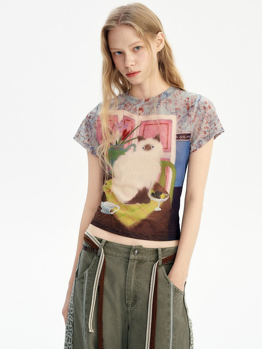 Outthe Blue Breathable Vintage Printed Slim Crop Crewneck Stretch Short Sleeve T-Shirts