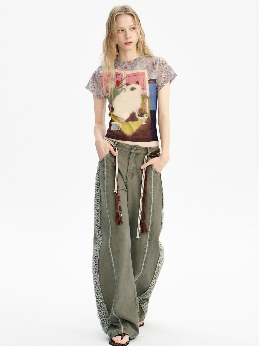 Outthe Blue Breathable Vintage Printed Slim Crop Crewneck Stretch Short Sleeve T-Shirts