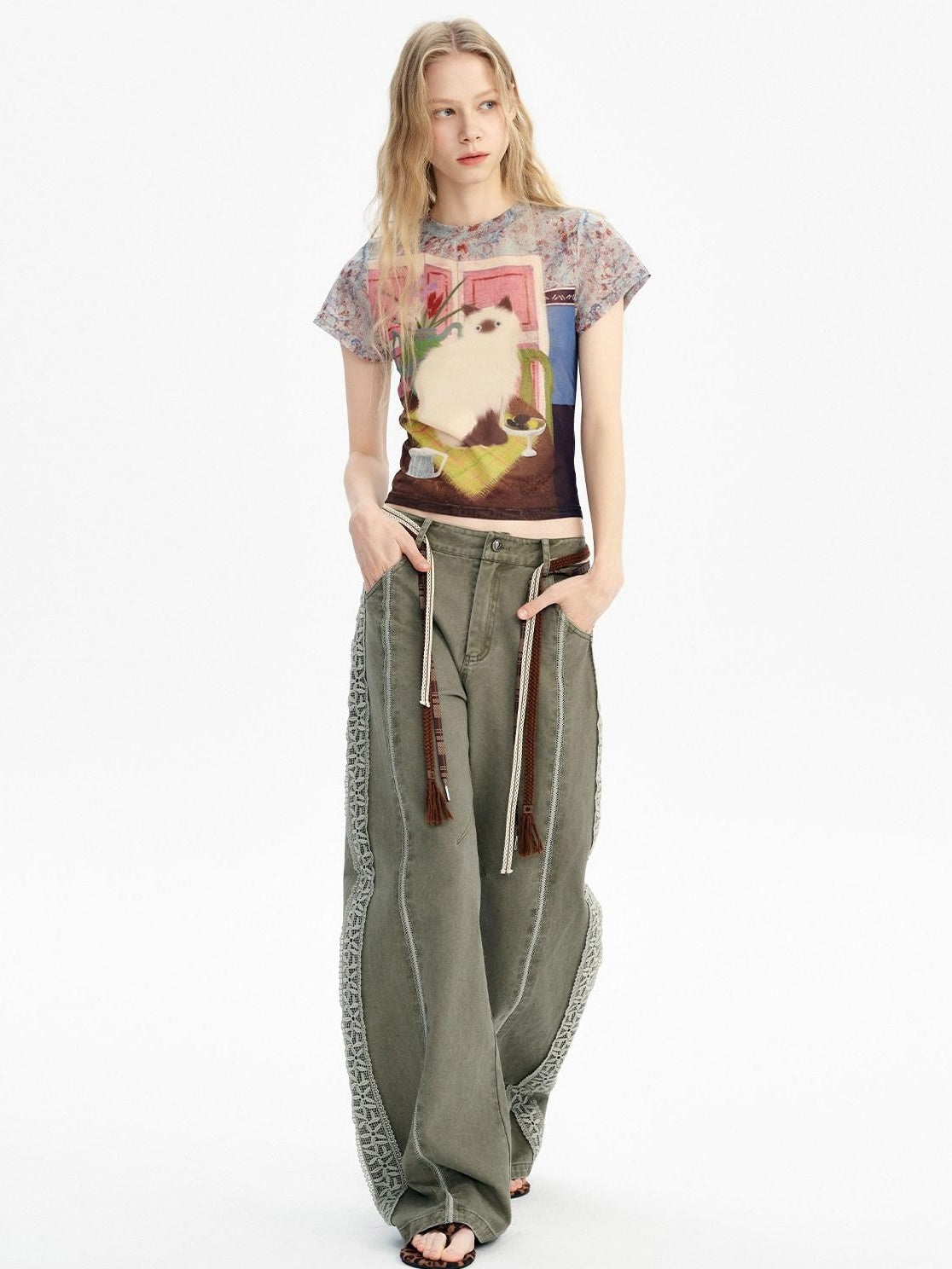 Outthe Blue Breathable Vintage Printed Slim Crop Crewneck Stretch Short Sleeve T-Shirts