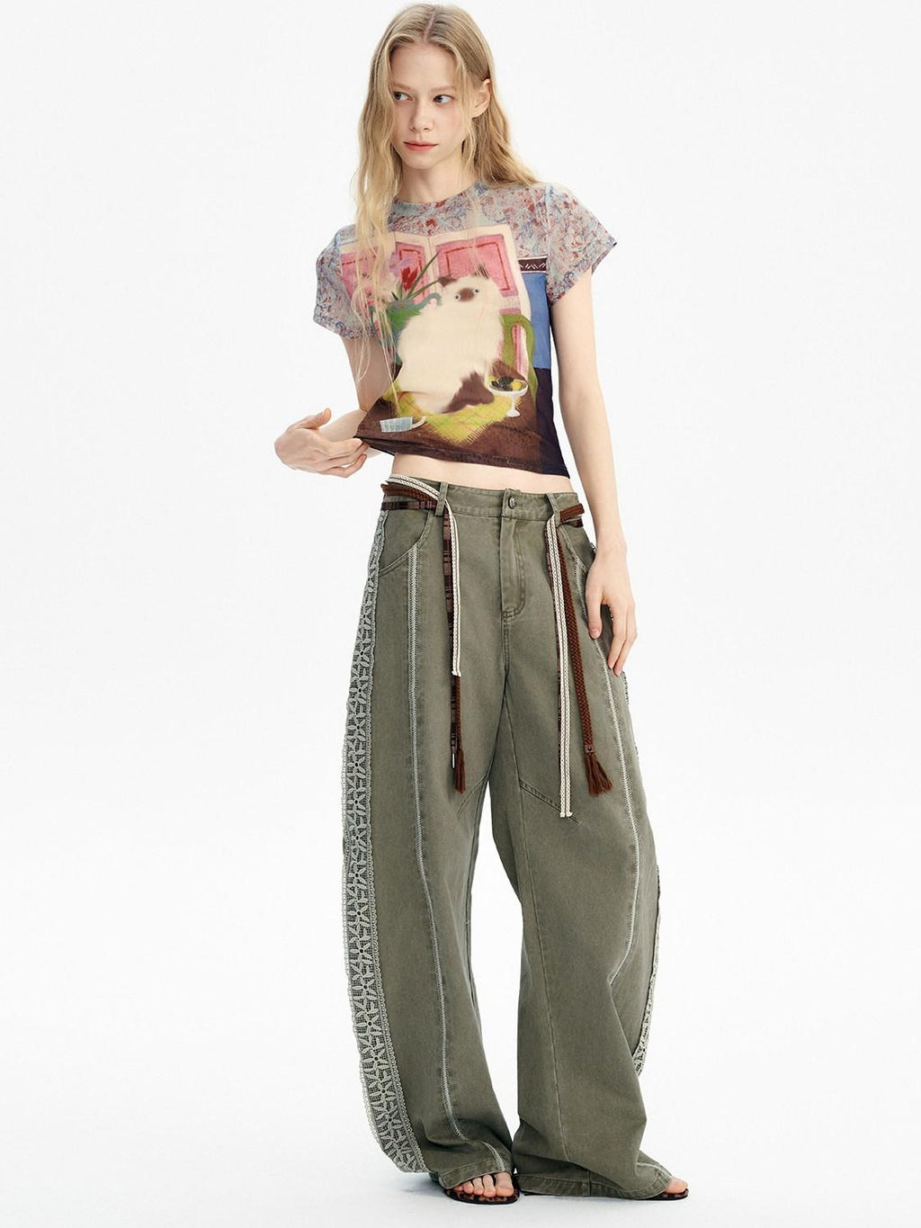 Outthe Blue Breathable Vintage Printed Slim Crop Crewneck Stretch Short Sleeve T-Shirts