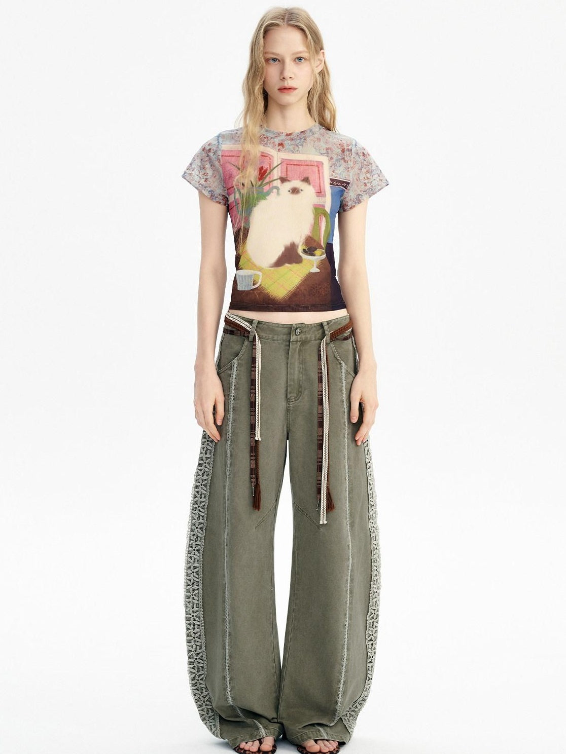 Outthe Blue Breathable Vintage Printed Slim Crop Crewneck Stretch Short Sleeve T-Shirts