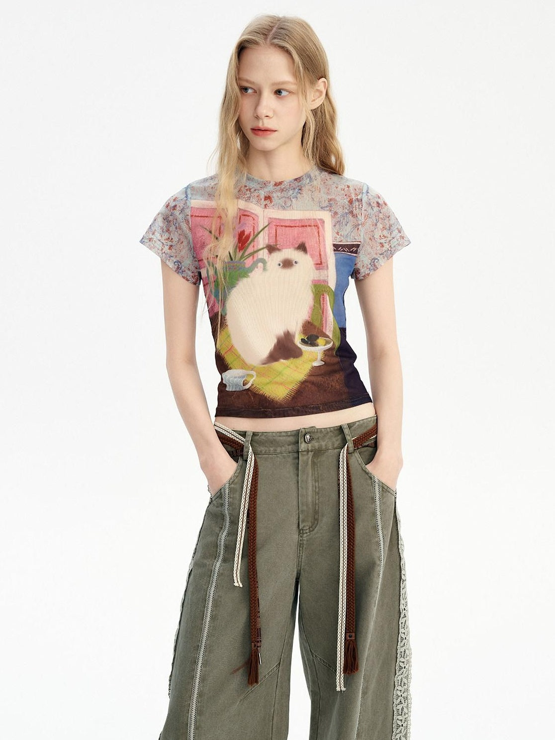Outthe Blue Breathable Vintage Printed Slim Crop Crewneck Stretch Short Sleeve T-Shirts
