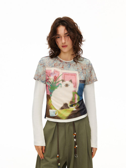 Outthe Blue Breathable Vintage Printed Slim Crop Crewneck Stretch Short Sleeve T-Shirts