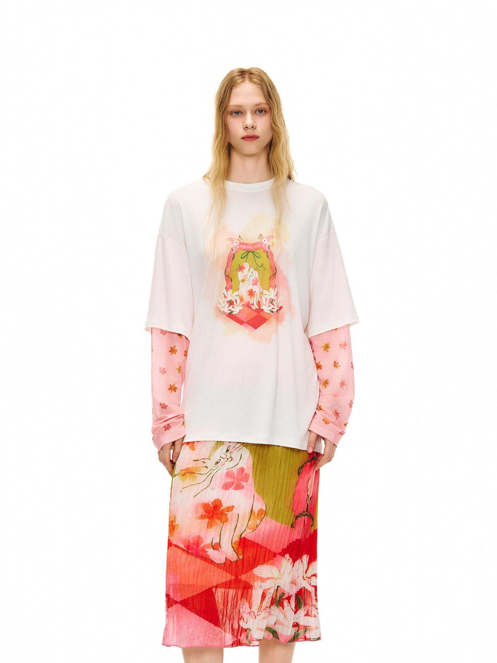 Outthe Blue Cat Garden Print Casual Loose Drop Shoulder Round Neck Long Sleeve T-Shirts