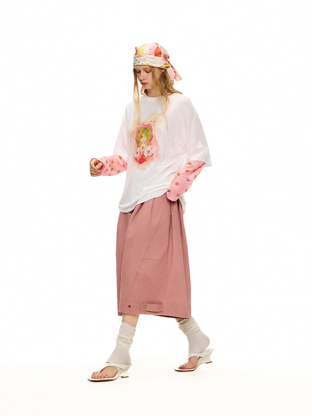 Outthe Blue Cat Garden Print Casual Loose Drop Shoulder Round Neck Long Sleeve T-Shirts