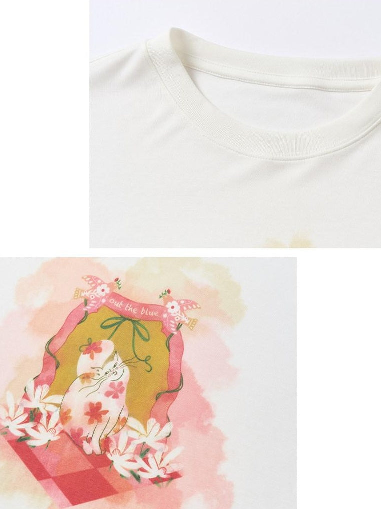 Outthe Blue Cat Garden Print Casual Loose Drop Shoulder Round Neck Long Sleeve T-Shirts