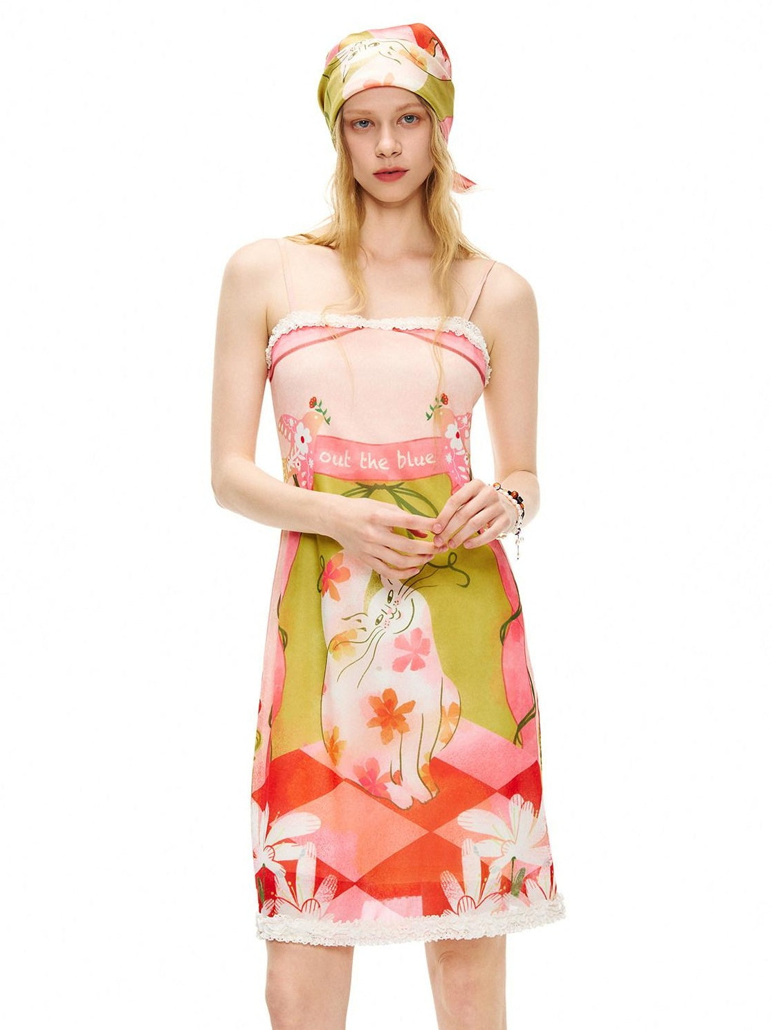 Outthe Blue Cat Garden Print Poly Spandex Slim Fit Sleeveless A Line Women Midi Dresses