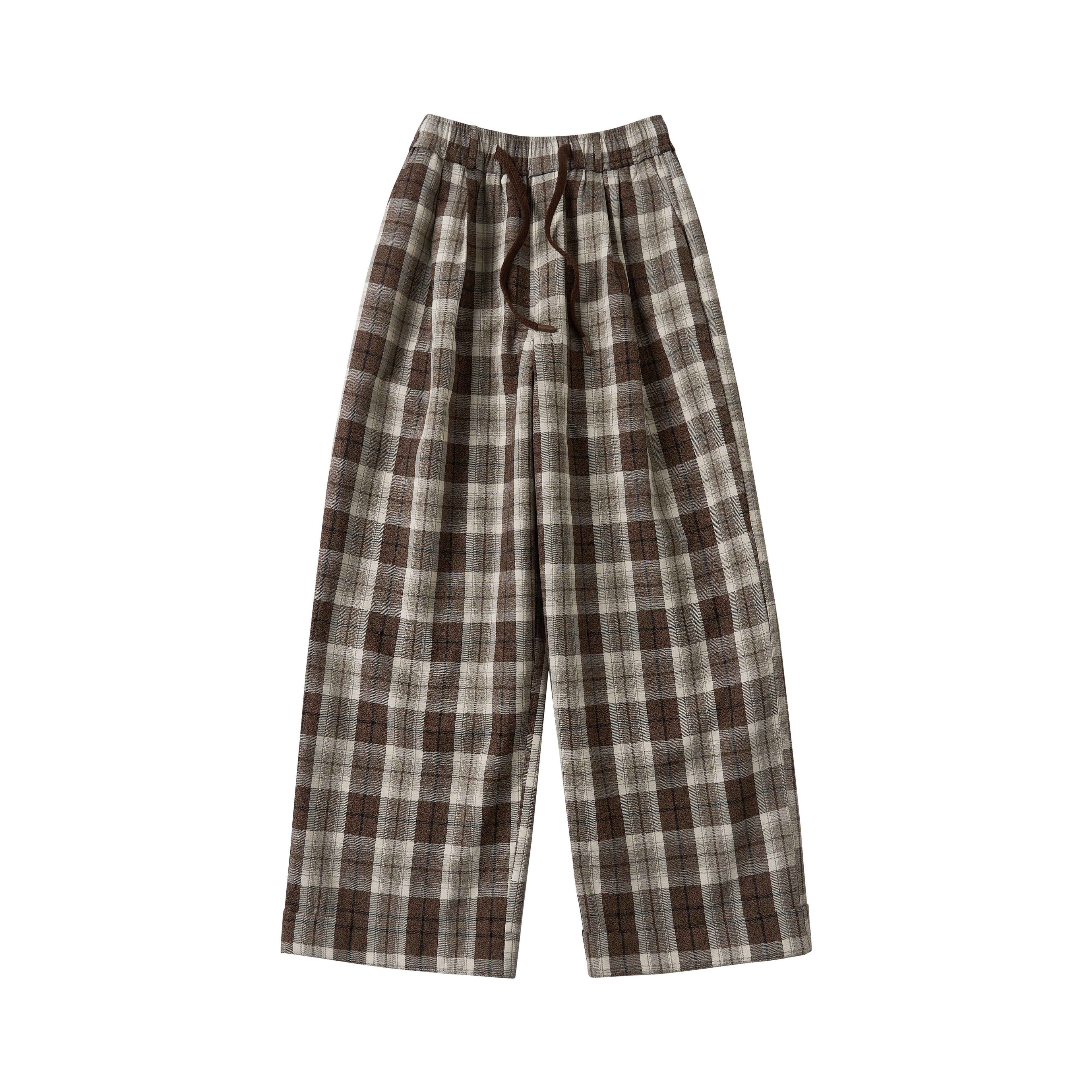 Outthe_Blue_Comfy_Relaxed_Cuffed_Brown_Plaid_Natural_Waist_Ladies_Poly_Cotton_Wide_Leg_Pants_MISSTT