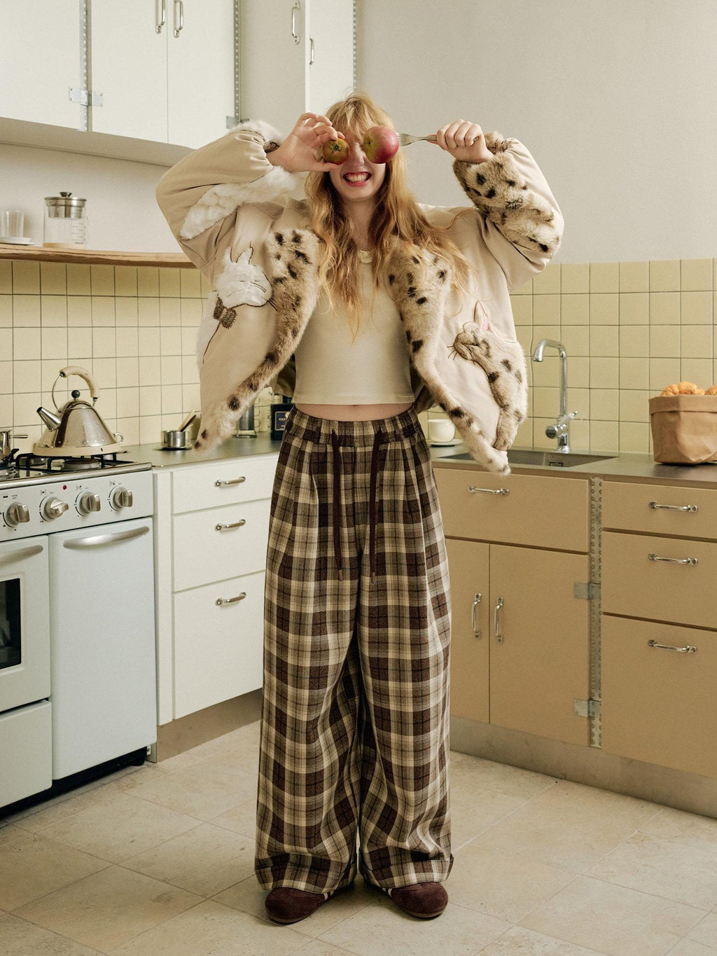 Outthe Blue Comfy Relaxed Cuffed Brown Plaid Natural Waist Ladies Poly Cotton Wide Leg Pants