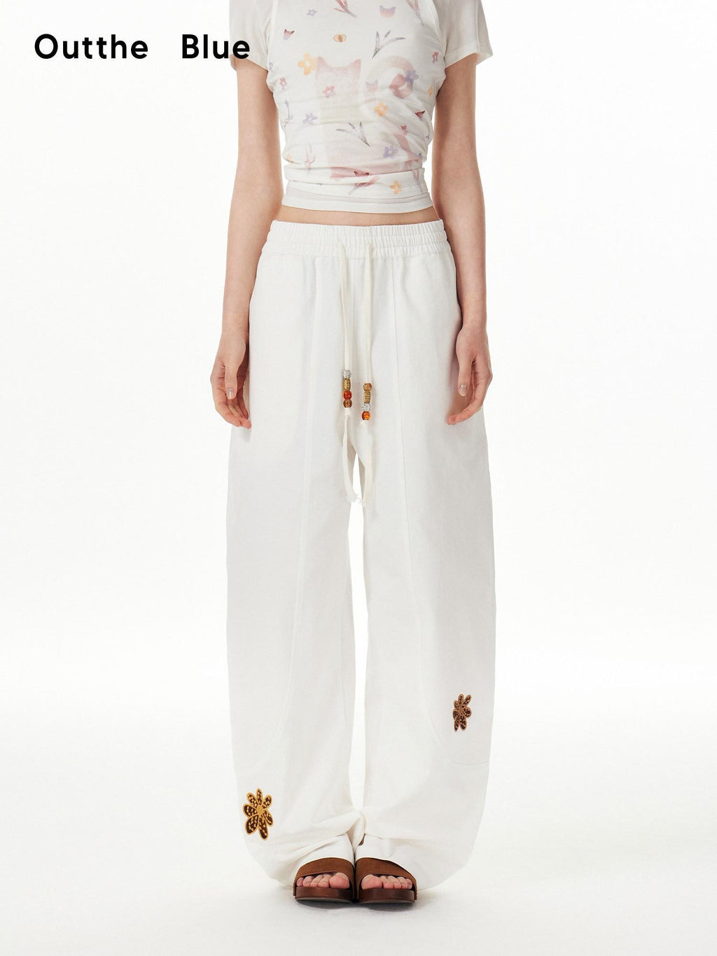 Outthe Blue Cotton Drawstring Pockets Natural Waist Workwear Long White Wide Leg Pants