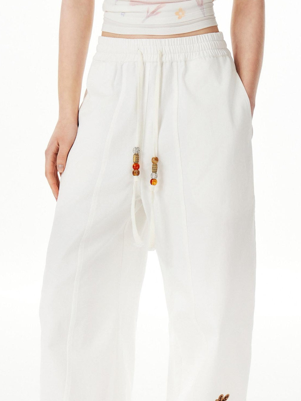 Outthe Blue Cotton Drawstring Pockets Natural Waist Workwear Long White Wide Leg Pants