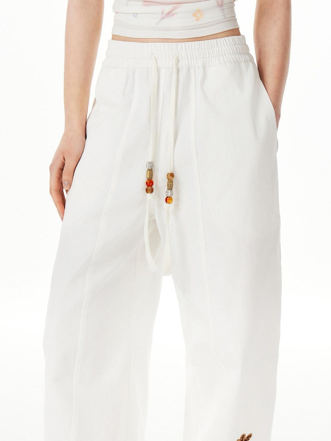 Outthe Blue Cotton Drawstring Pockets Natural Waist Workwear Long White Wide Leg Pants