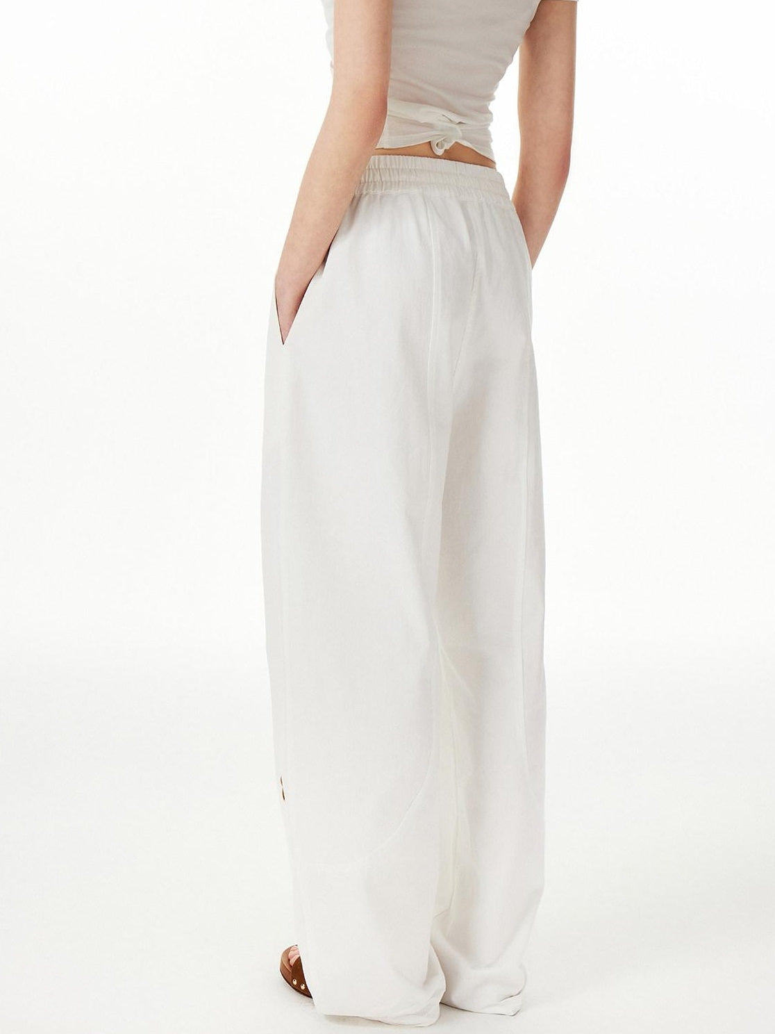 Outthe Blue Cotton Drawstring Pockets Natural Waist Workwear Long White Wide Leg Pants