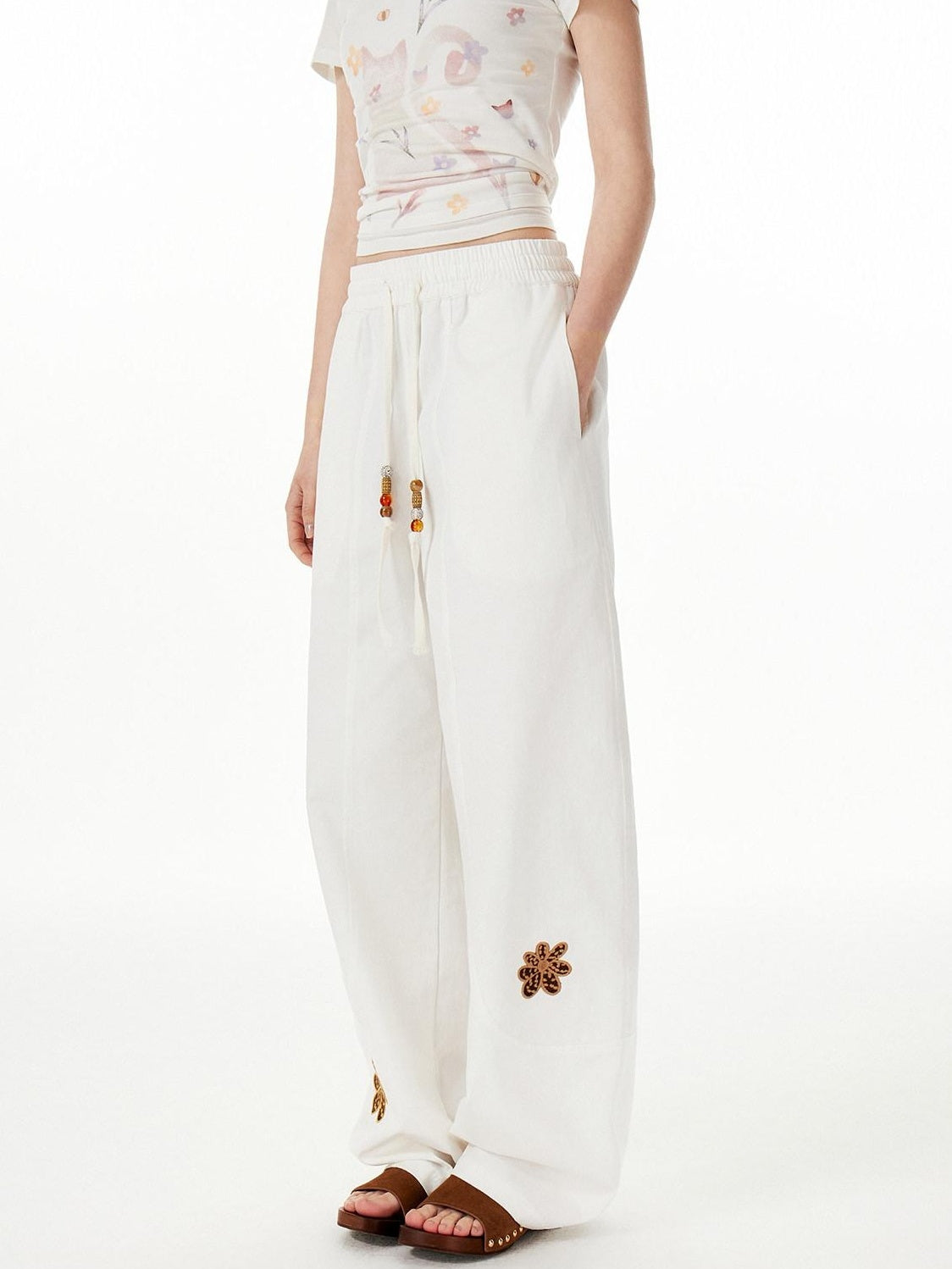Outthe Blue Cotton Drawstring Pockets Natural Waist Workwear Long White Wide Leg Pants