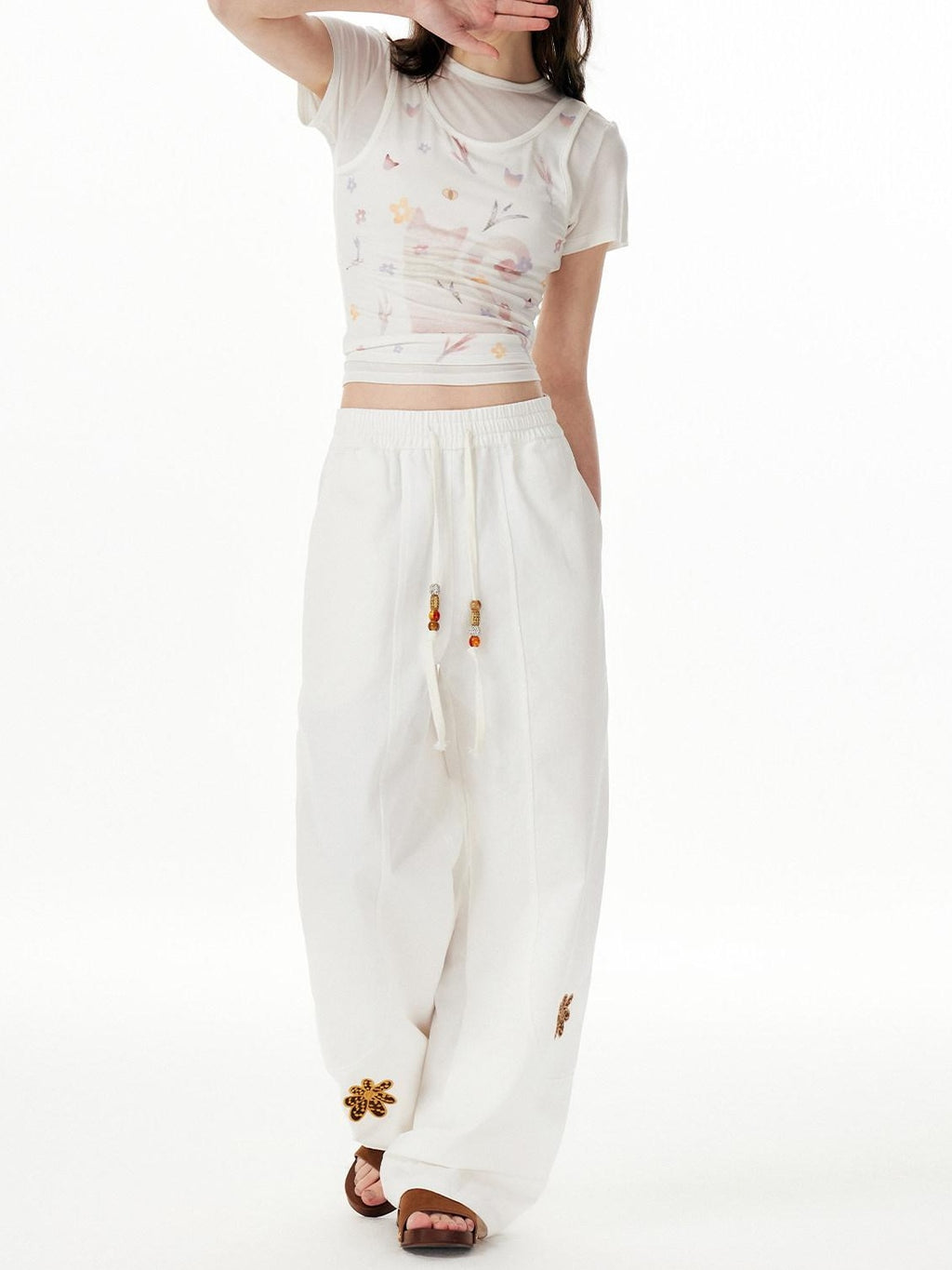 Outthe Blue Cotton Drawstring Pockets Natural Waist Workwear Long White Wide Leg Pants