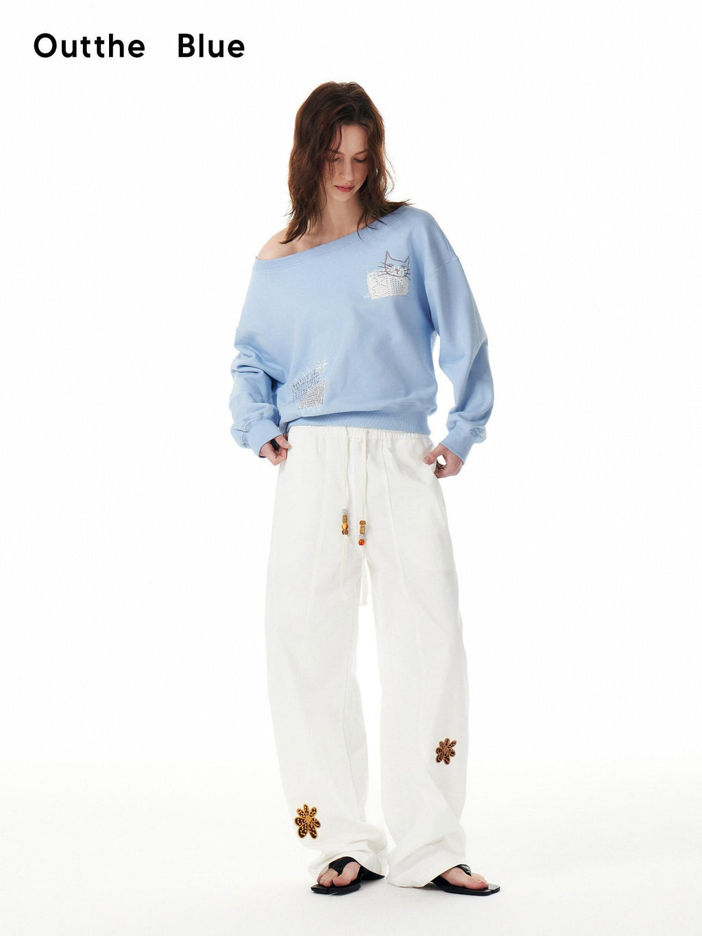 Outthe Blue Cotton Drawstring Pockets Natural Waist Workwear Long White Wide Leg Pants