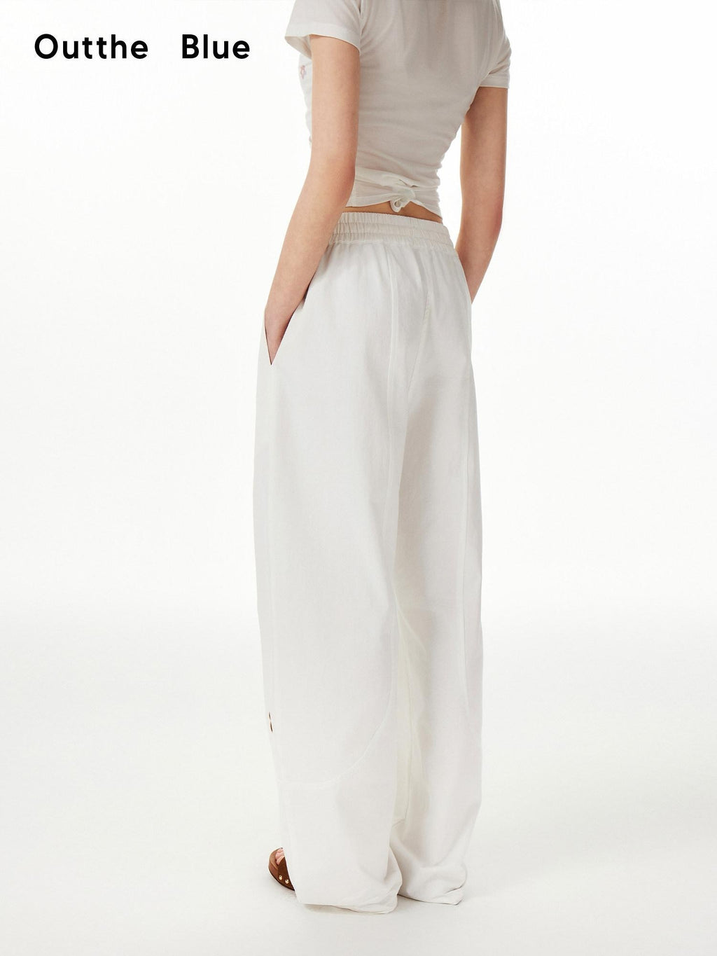 Outthe Blue Cotton Drawstring Pockets Natural Waist Workwear Long White Wide Leg Pants