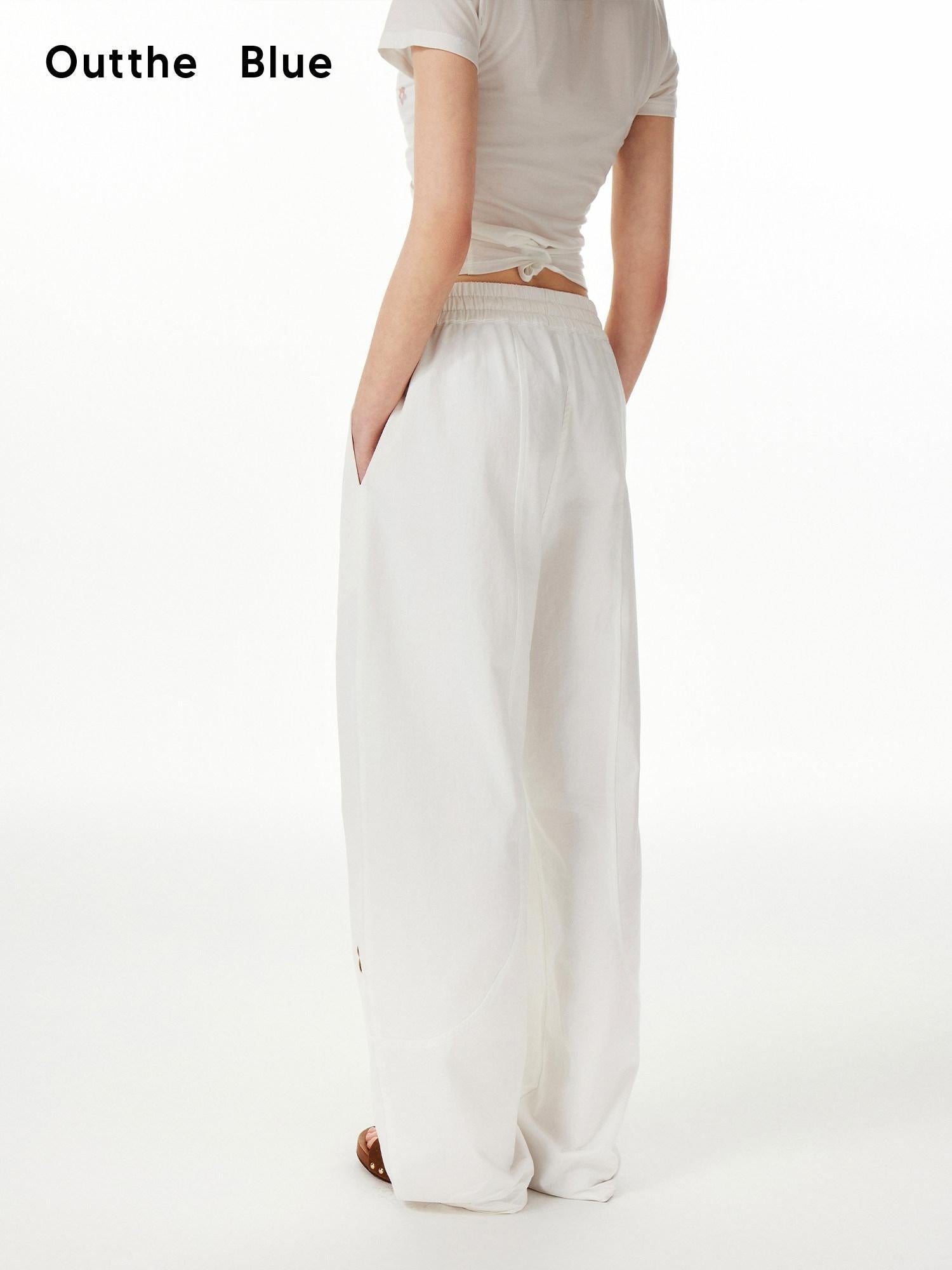 Outthe Blue Cotton Drawstring Pockets Natural Waist Workwear Long White Wide Leg Pants