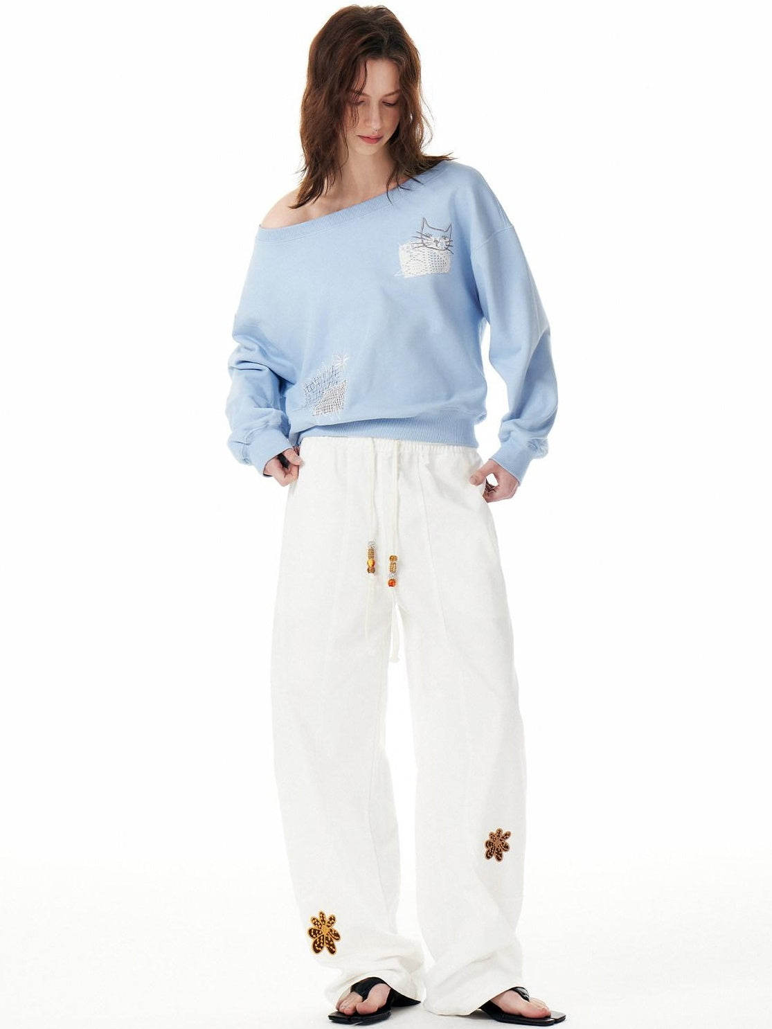 Outthe Blue Cotton Drawstring Pockets Natural Waist Workwear Long White Wide Leg Pants
