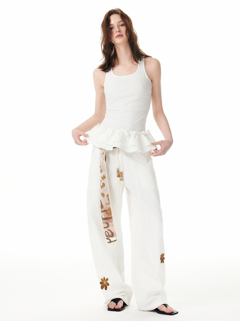 Outthe Blue Cotton Drawstring Pockets Natural Waist Workwear Long White Wide Leg Pants