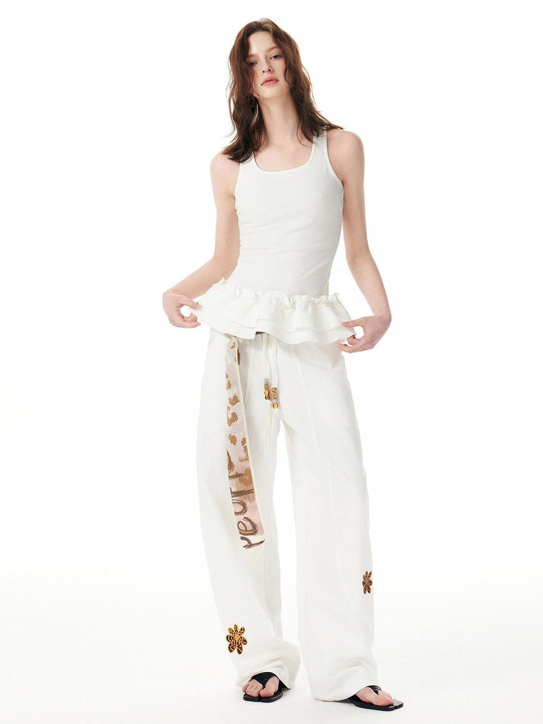 Outthe Blue Cotton Drawstring Pockets Natural Waist Workwear Long White Wide Leg Pants