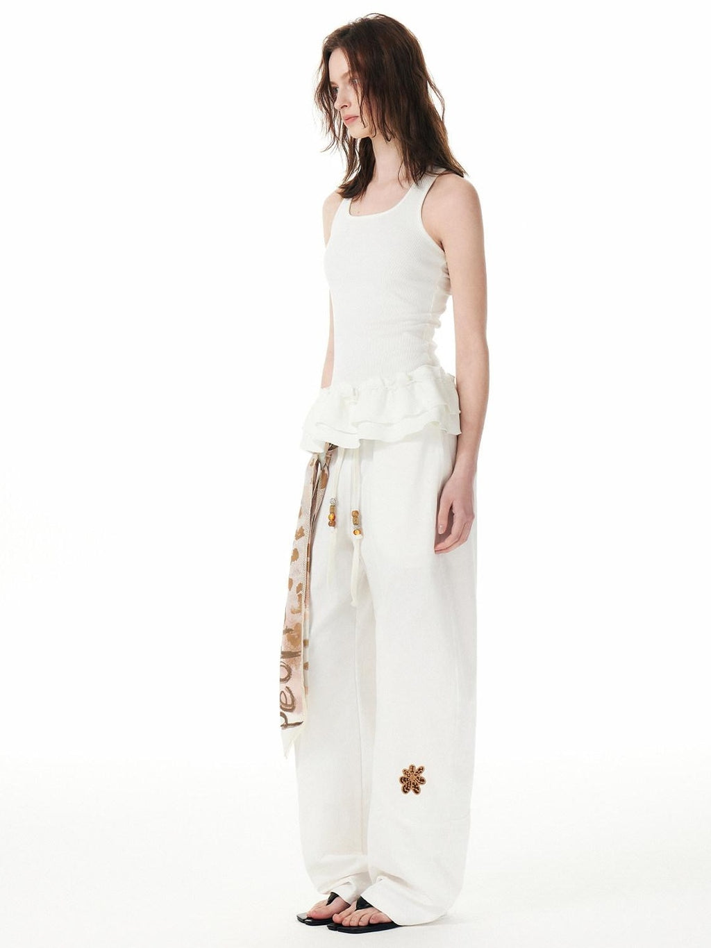 Outthe Blue Cotton Drawstring Pockets Natural Waist Workwear Long White Wide Leg Pants