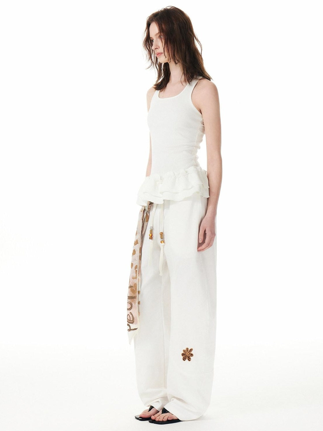 Outthe Blue Cotton Drawstring Pockets Natural Waist Workwear Long White Wide Leg Pants