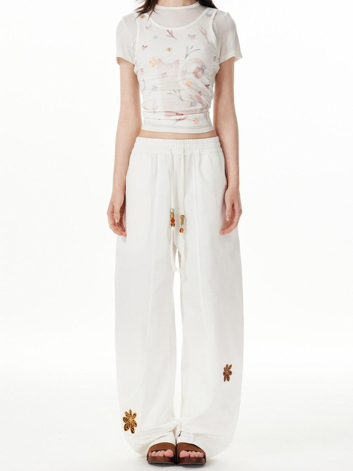 Outthe Blue Cotton Drawstring Pockets Natural Waist Workwear Long White Wide Leg Pants