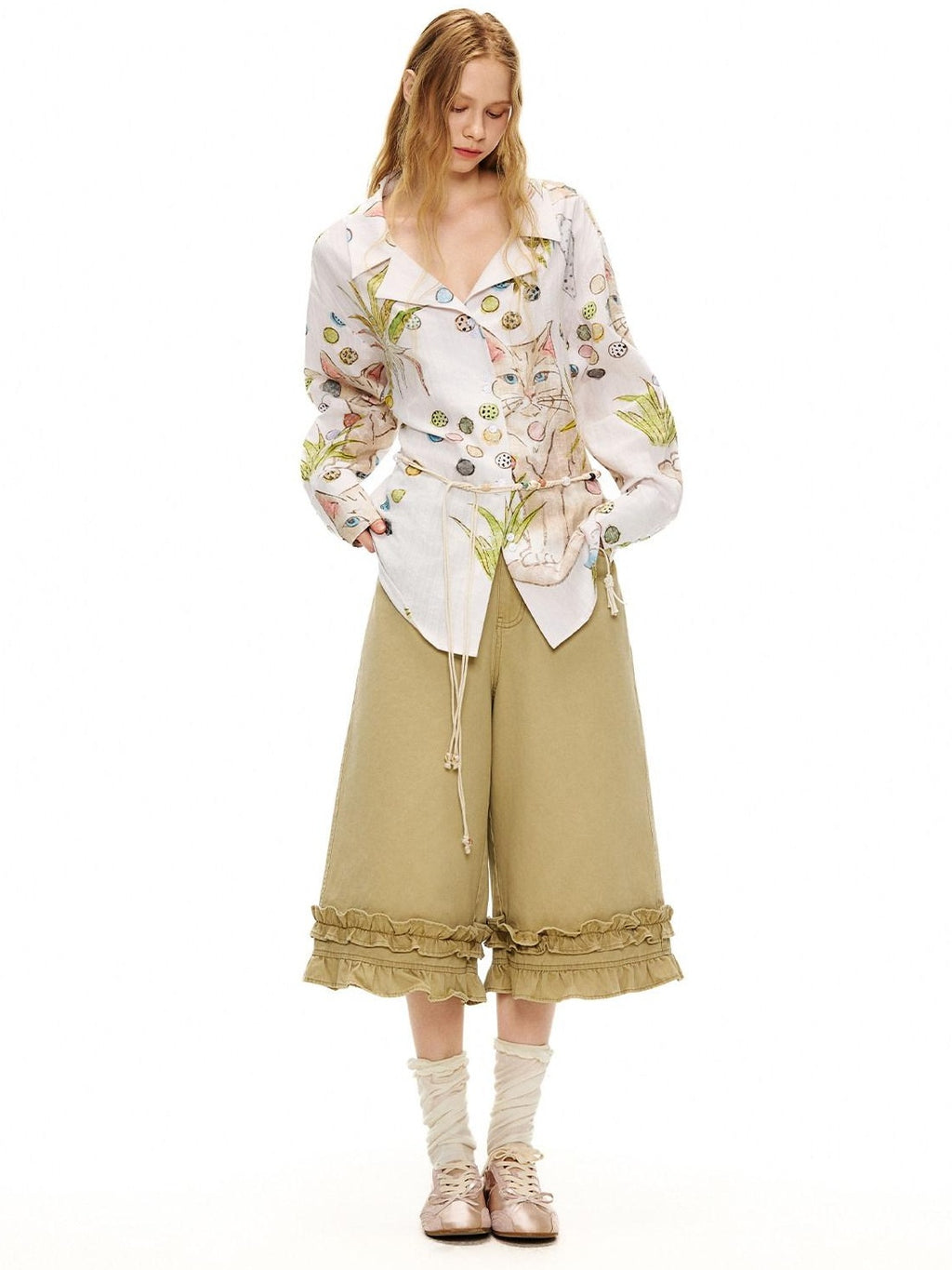 Outthe Blue Cotton Lace Trim Loose Natural Waist Zip Fly Women Washed Khaki Straight Pants