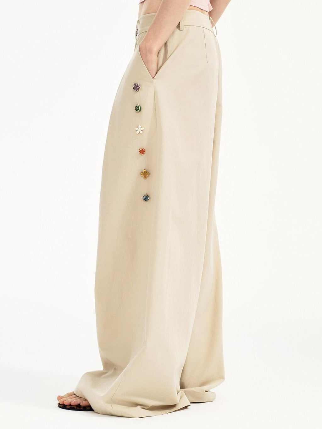 Outthe Blue Cotton Lyocell Minimal Natural Waist Zipper Light Grey Khaki Wide Leg Pants