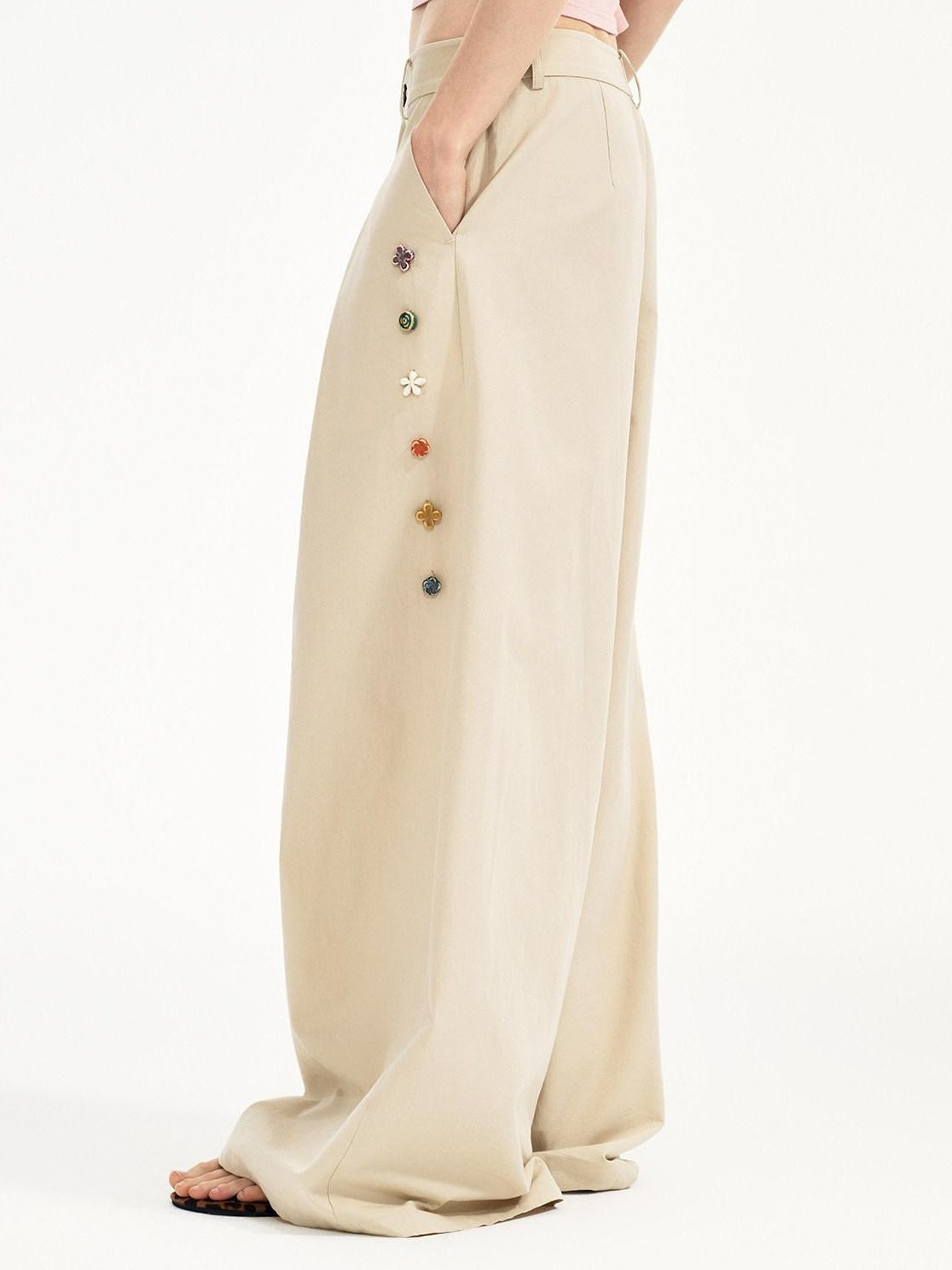 Outthe Blue Cotton Lyocell Minimal Natural Waist Zipper Light Grey Khaki Wide Leg Pants