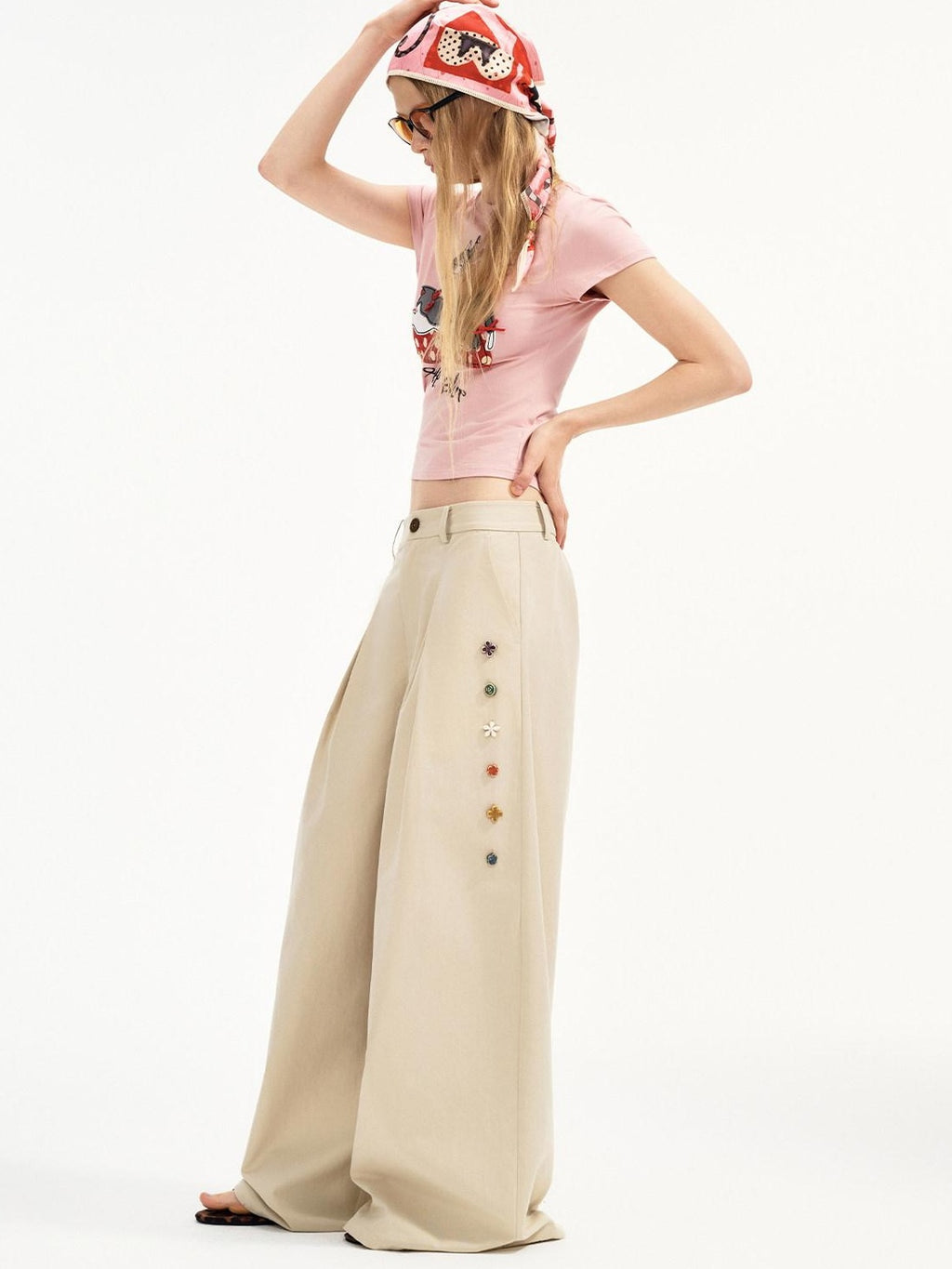 Outthe Blue Cotton Lyocell Minimal Natural Waist Zipper Light Grey Khaki Wide Leg Pants