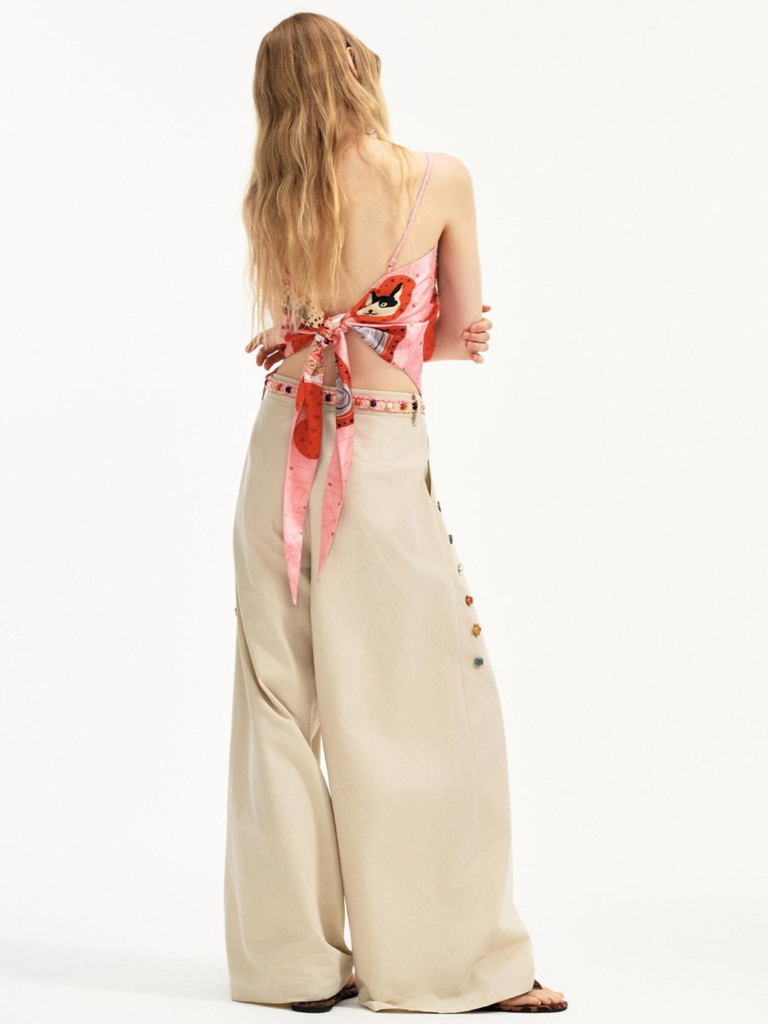 Outthe Blue Cotton Lyocell Minimal Natural Waist Zipper Light Grey Khaki Wide Leg Pants