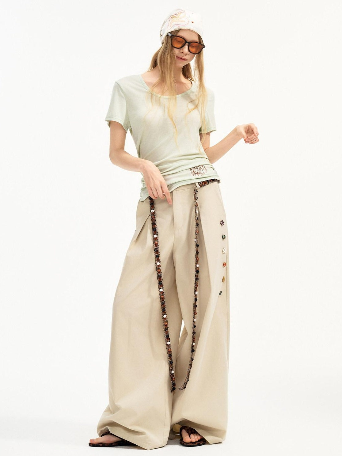 Outthe Blue Cotton Lyocell Minimal Natural Waist Zipper Light Grey Khaki Wide Leg Pants