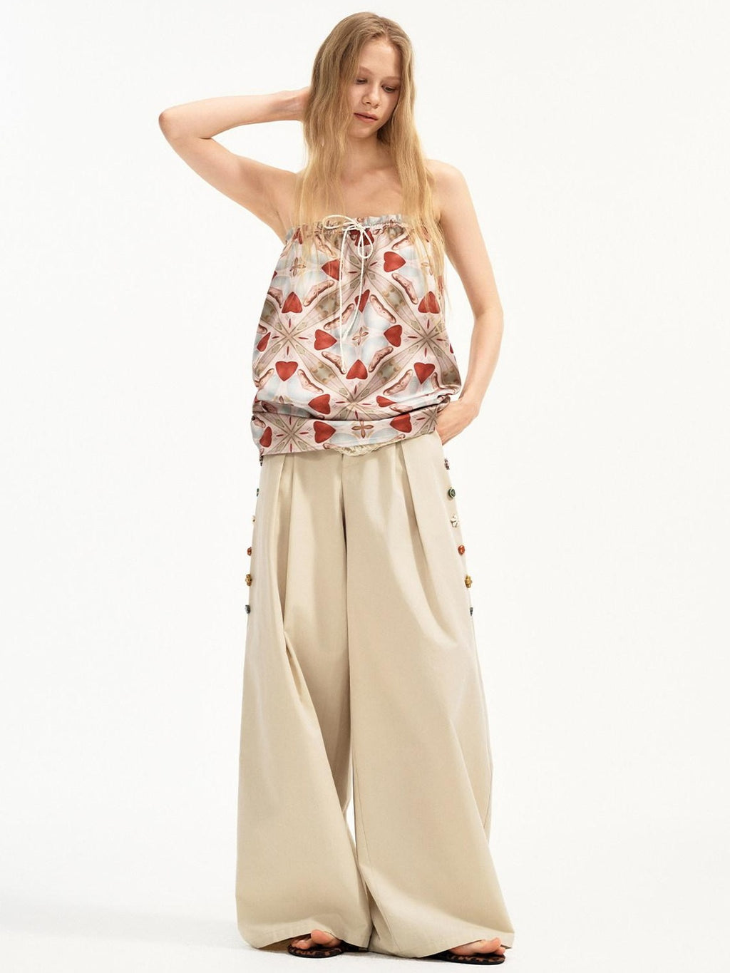 Outthe Blue Cotton Lyocell Minimal Natural Waist Zipper Light Grey Khaki Wide Leg Pants