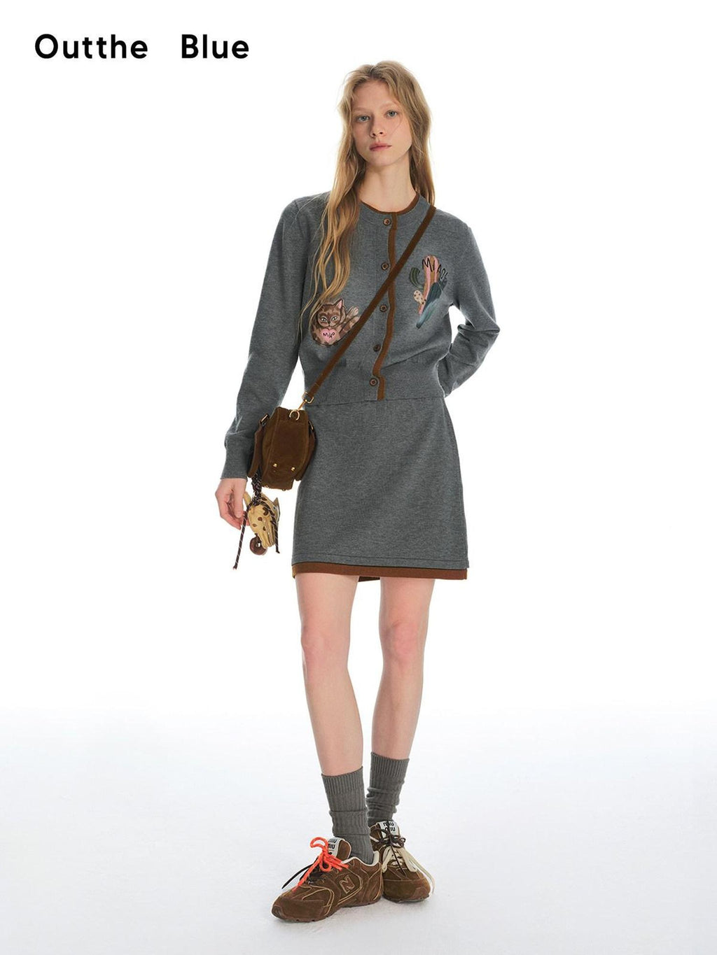 Outthe Blue Cozy Buttoned Gray Cardigan Two Piece Crewneck Long Sleeve Top & Skirt Sets