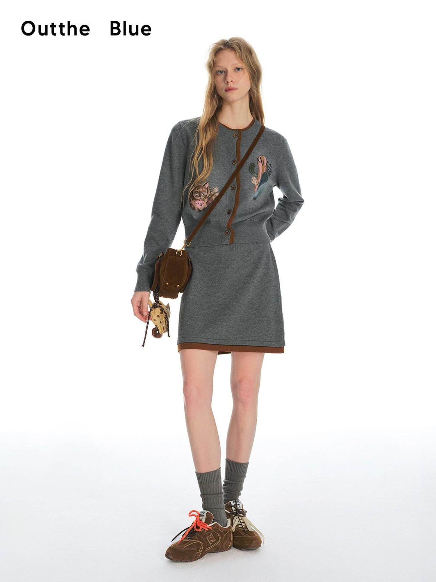 Outthe Blue Cozy Buttoned Gray Cardigan Two Piece Crewneck Long Sleeve Top & Skirt Sets