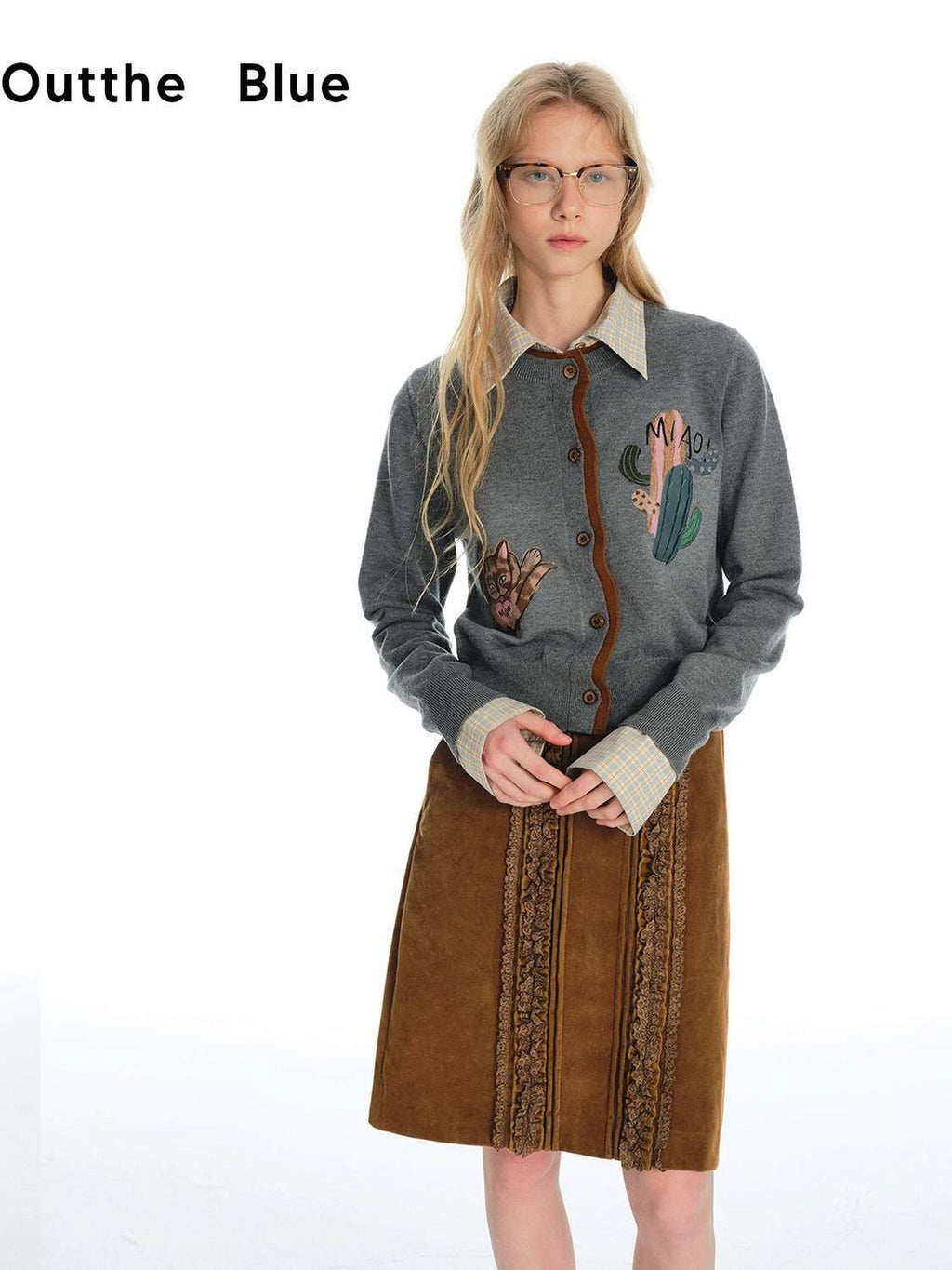 Outthe Blue Cozy Buttoned Gray Cardigan Two Piece Crewneck Long Sleeve Top & Skirt Sets