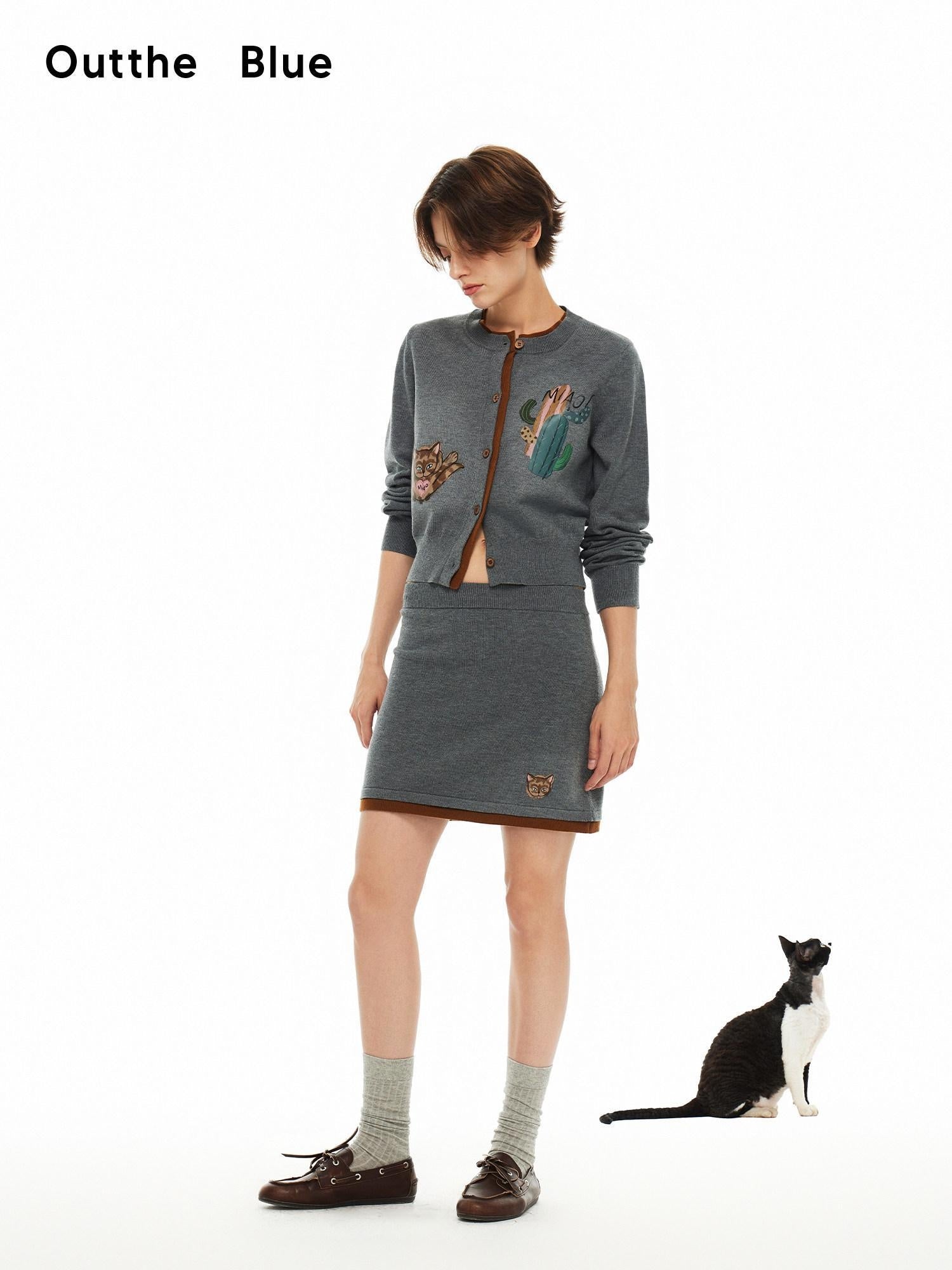 Outthe Blue Cozy Buttoned Gray Cardigan Two Piece Crewneck Long Sleeve Top & Skirt Sets