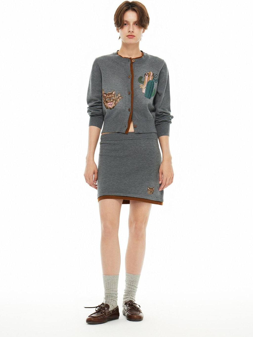 Outthe Blue Cozy Buttoned Gray Cardigan Two Piece Crewneck Long Sleeve Top & Skirt Sets