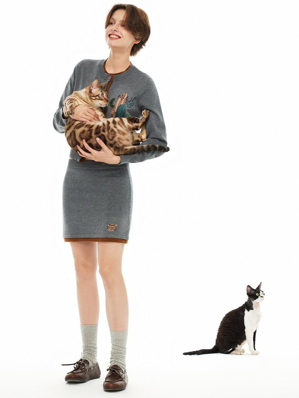 Outthe Blue Cozy Buttoned Gray Cardigan Two Piece Crewneck Long Sleeve Top & Skirt Sets