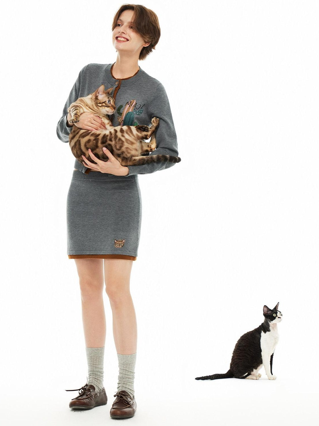 Outthe Blue Cozy Buttoned Gray Cardigan Two Piece Crewneck Long Sleeve Top & Skirt Sets