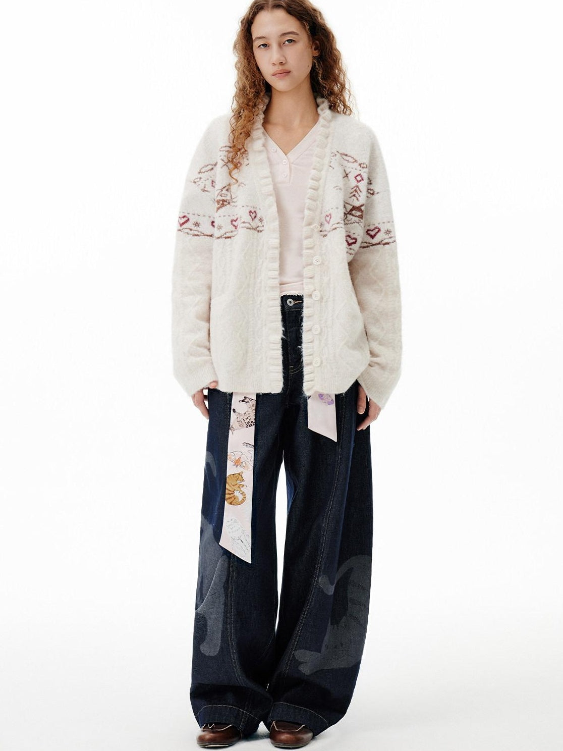Outthe Blue Cozy Embroidered Animal Floral Loose V-neck Women Commuter Knit Cardigans