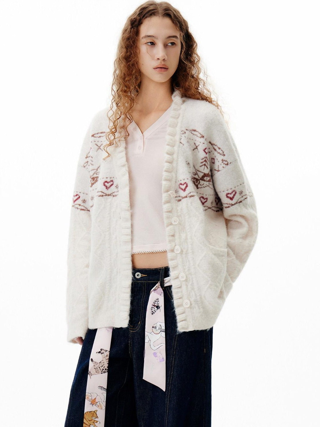 Outthe Blue Cozy Embroidered Animal Floral Loose V-neck Women Commuter Knit Cardigans